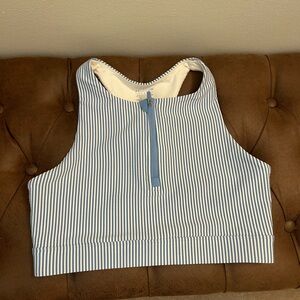 Peloton Light Blue and White Striped High-Neck Sports Bra with Front Zip